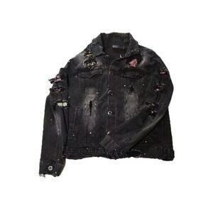 Kdnk Women's Black Jean Jacket Distressed Size Large Patches Button‎ Down Y2K